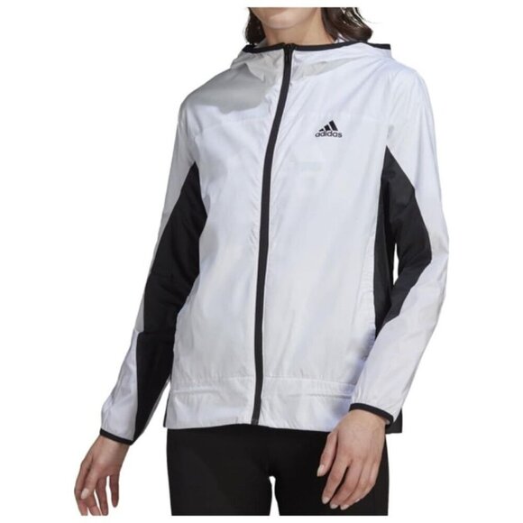 adidas Women's Logo Running Windbreaker Hoodie XS Black White HF2149 - Picture 2 of 13